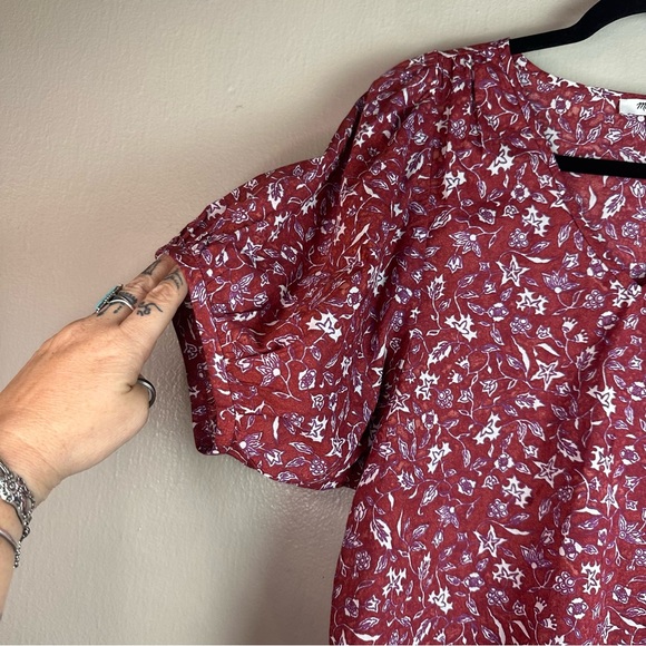 Madewell V-Neck Puff Sleeve Top in Batik Vine Weathered Brick Sz Sm - Picture 4 of 9